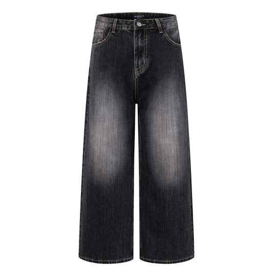 Vintage Washed Gradient Denim Pants Men's Design Street Style Couple Loose Versatile Straight Leg Casual Wide Leg Pants