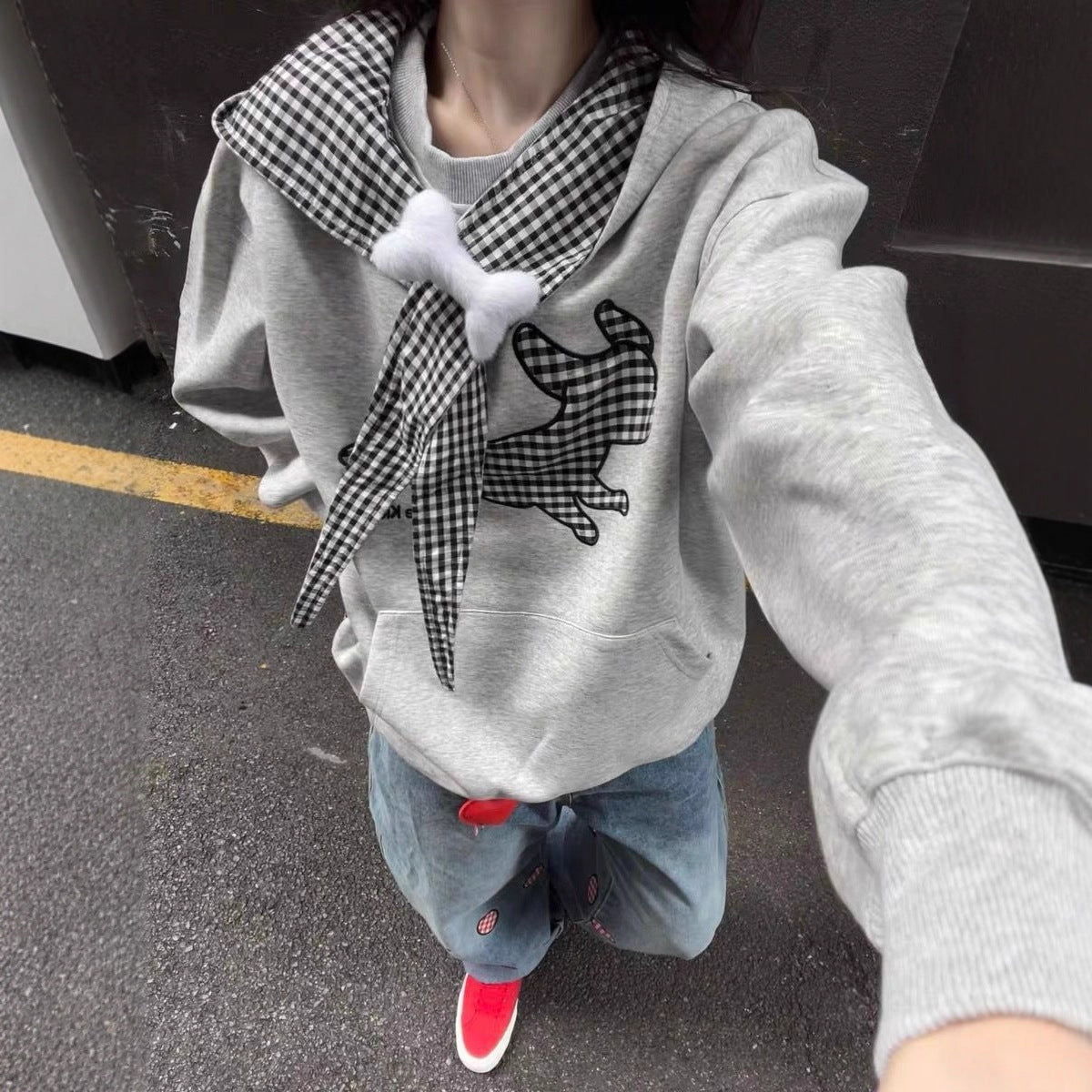 Dog Plaid Tie-Up Hoodie for Women, Cozy Oversized Casual Sweatshirt with Fleece Lining