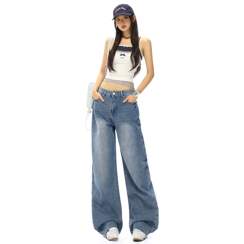Women's Straight Jeans Washed Vintage Narrow Loose Wide-Leg Pants