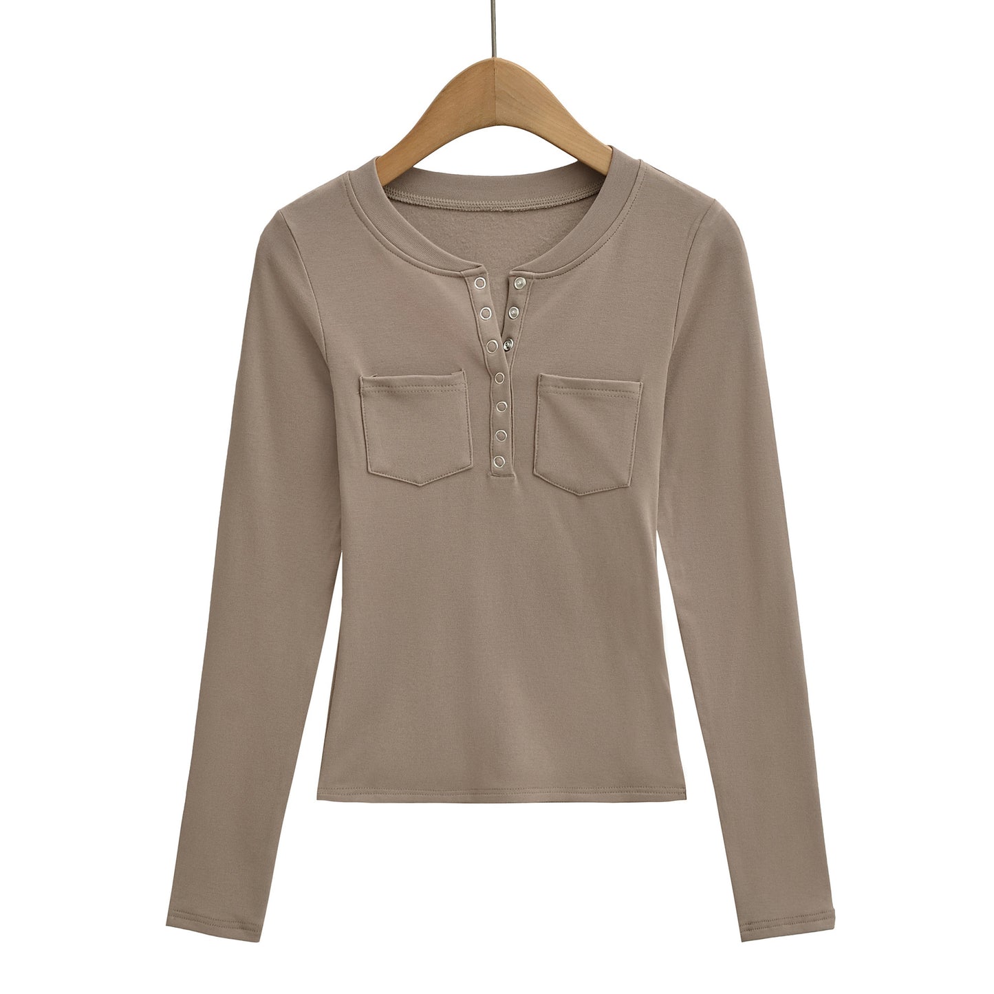 Round neck single breasted long sleeved top T-shirt