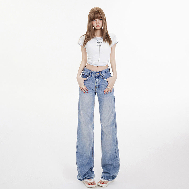 Women's Washed Wide-Leg Jeans Female Loose Slim Floor-Length Straight Pants