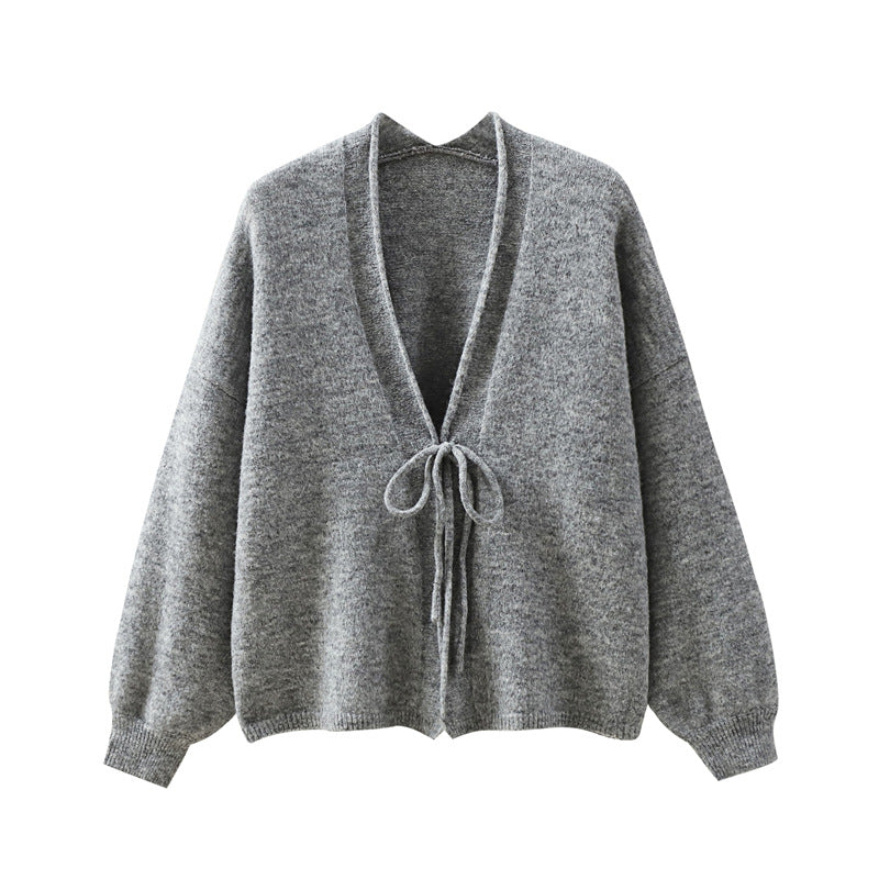 Loose V-neck sweater top with tie up