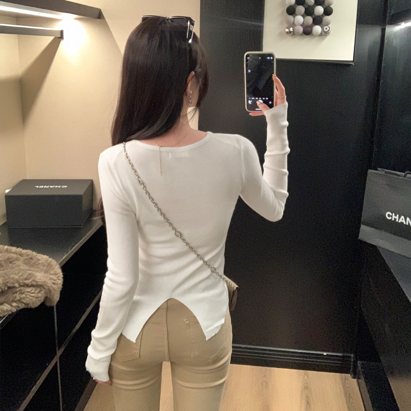 Solid Color Inner Knit Sweater for Women, Elegant Fitted Slim Fit Long Sleeve Wool Top