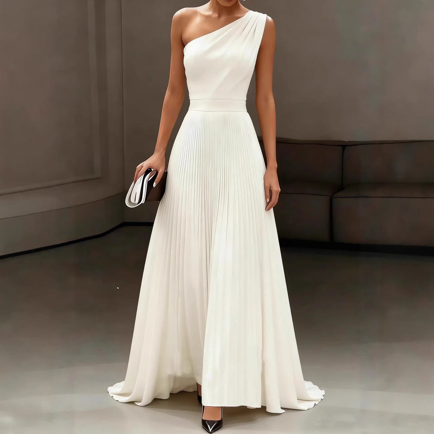 Elegant White One-Shoulder Long Dress with PleatsSummer Wedding Gown, Formal Occasion Dress