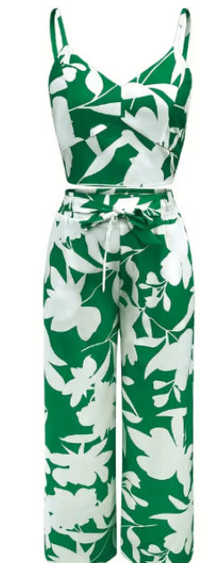 Fashion Print Strap Top High-Waisted Wide-Leg Long Pants Flowy Casual Women's Outfit Set