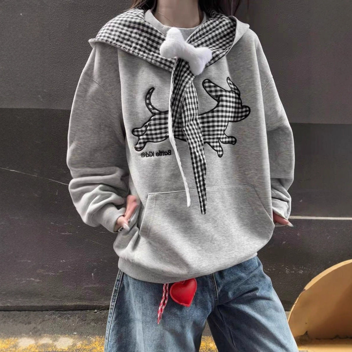 Dog Plaid Tie-Up Hoodie for Women, Cozy Oversized Casual Sweatshirt with Fleece Lining