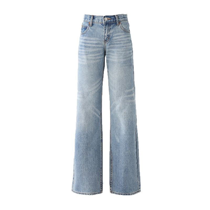 Women's Washed Wide-Leg Jeans Female Loose Slim Floor-Length Straight Pants