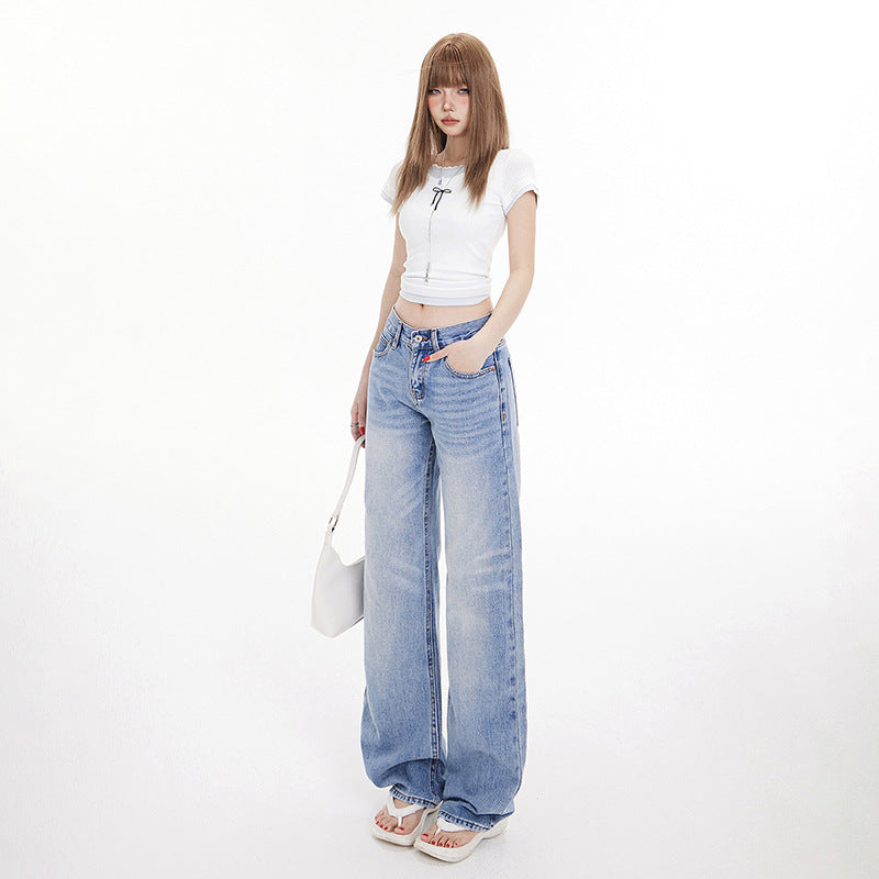 Women's Washed Wide-Leg Jeans Female Loose Slim Floor-Length Straight Pants