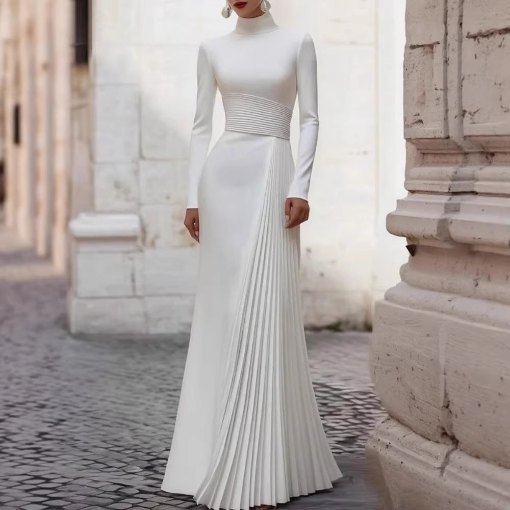 Elegant High Neck Long Sleeve Fitted Wedding Dress with Pleated Design Ruffles and Chic Style Dress