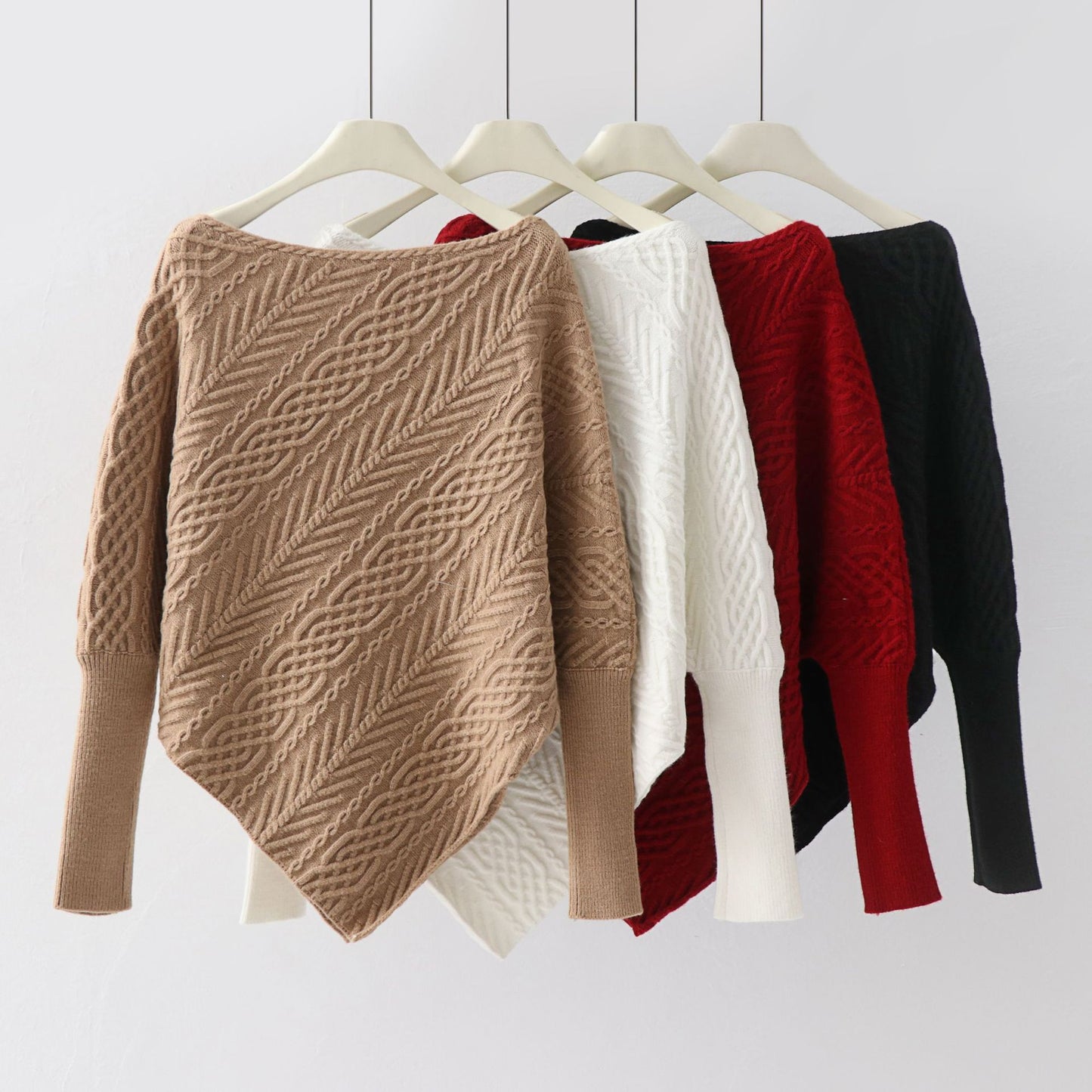 Irregular off shoulder Fried Dough Twists cape knitwear long sleeve sweater