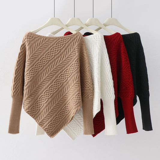 Irregular off shoulder Fried Dough Twists cape knitwear long sleeve sweater