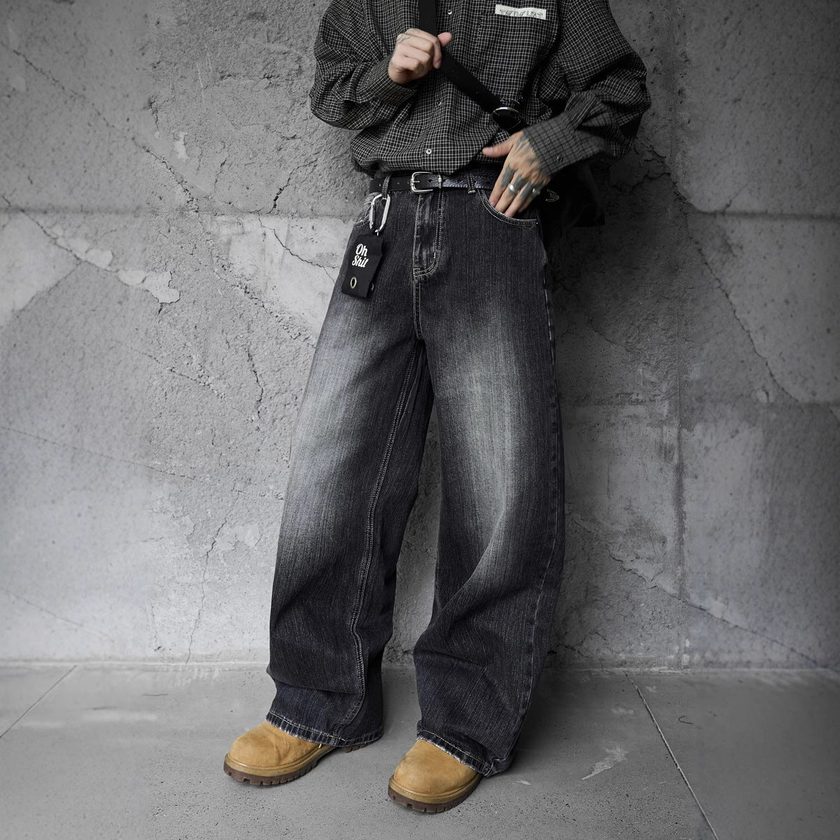 Vintage Washed Gradient Denim Pants Men's Design Street Style Couple Loose Versatile Straight Leg Casual Wide Leg Pants