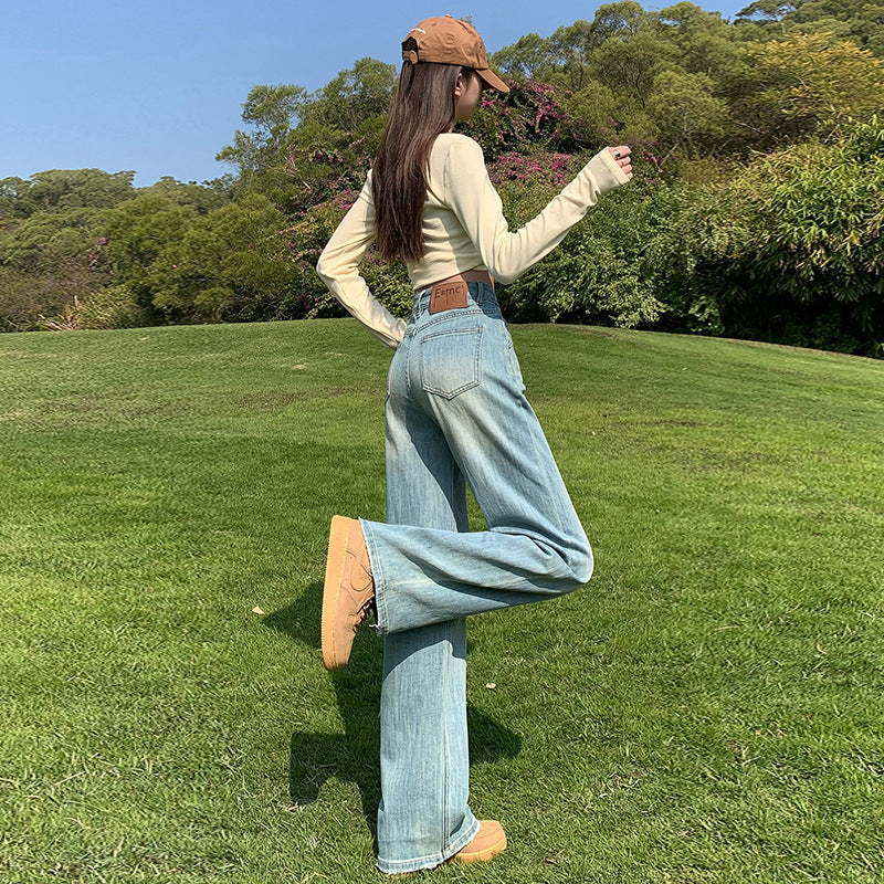 Women's Narrow  Straight Leg Jeans Summer New High-Waist Elastic Wide-Leg Floor-Length Pants