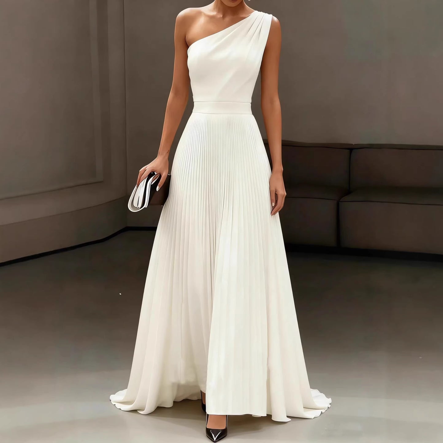 Elegant White One-Shoulder Long Dress with PleatsSummer Wedding Gown, Formal Occasion Dress