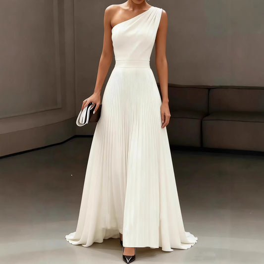 Elegant White One-Shoulder Long Dress with PleatsSummer Wedding Gown, Formal Occasion Dress