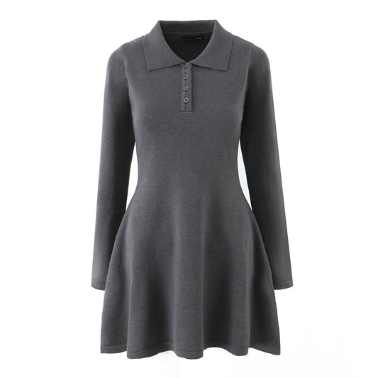 Sexy collar long sleeved dress with single breasted knit skirt