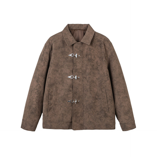 Distressed Metal Plane Buckle Loose Versatile PU Leather Jacket