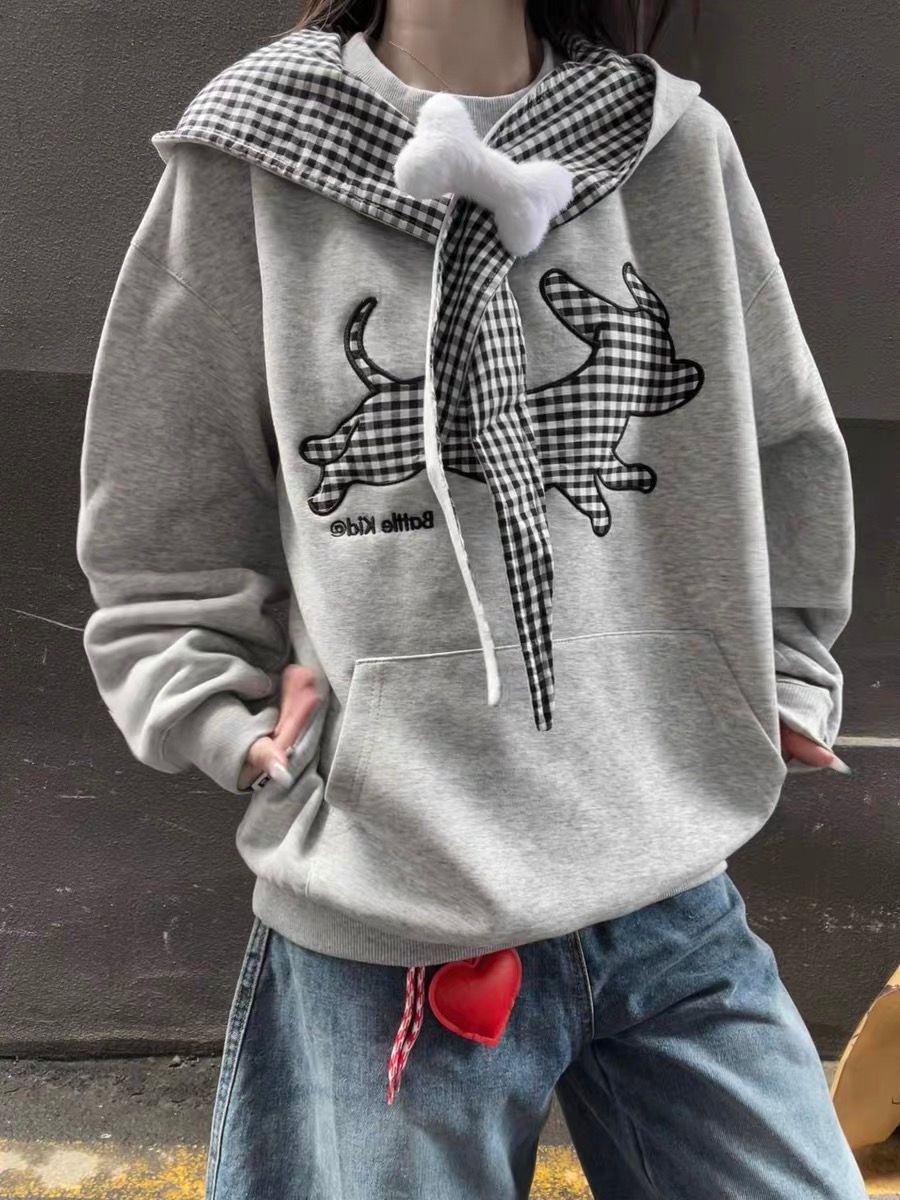 Dog Plaid Tie-Up Hoodie for Women, Cozy Oversized Casual Sweatshirt with Fleece Lining