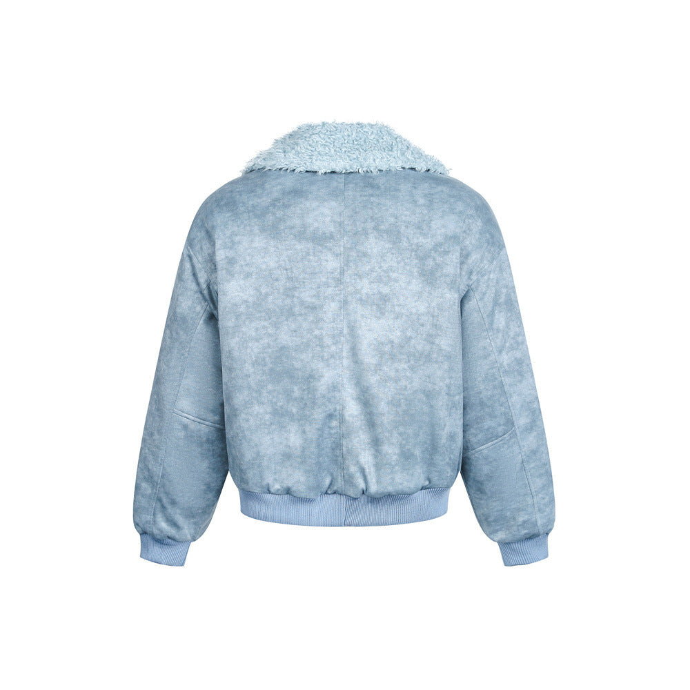 Urban Street Style Men's Cotton Coat, Turn-Down Collar, Distressed Tie-Dye, Loose Fit, Casual Outerwear Jacket