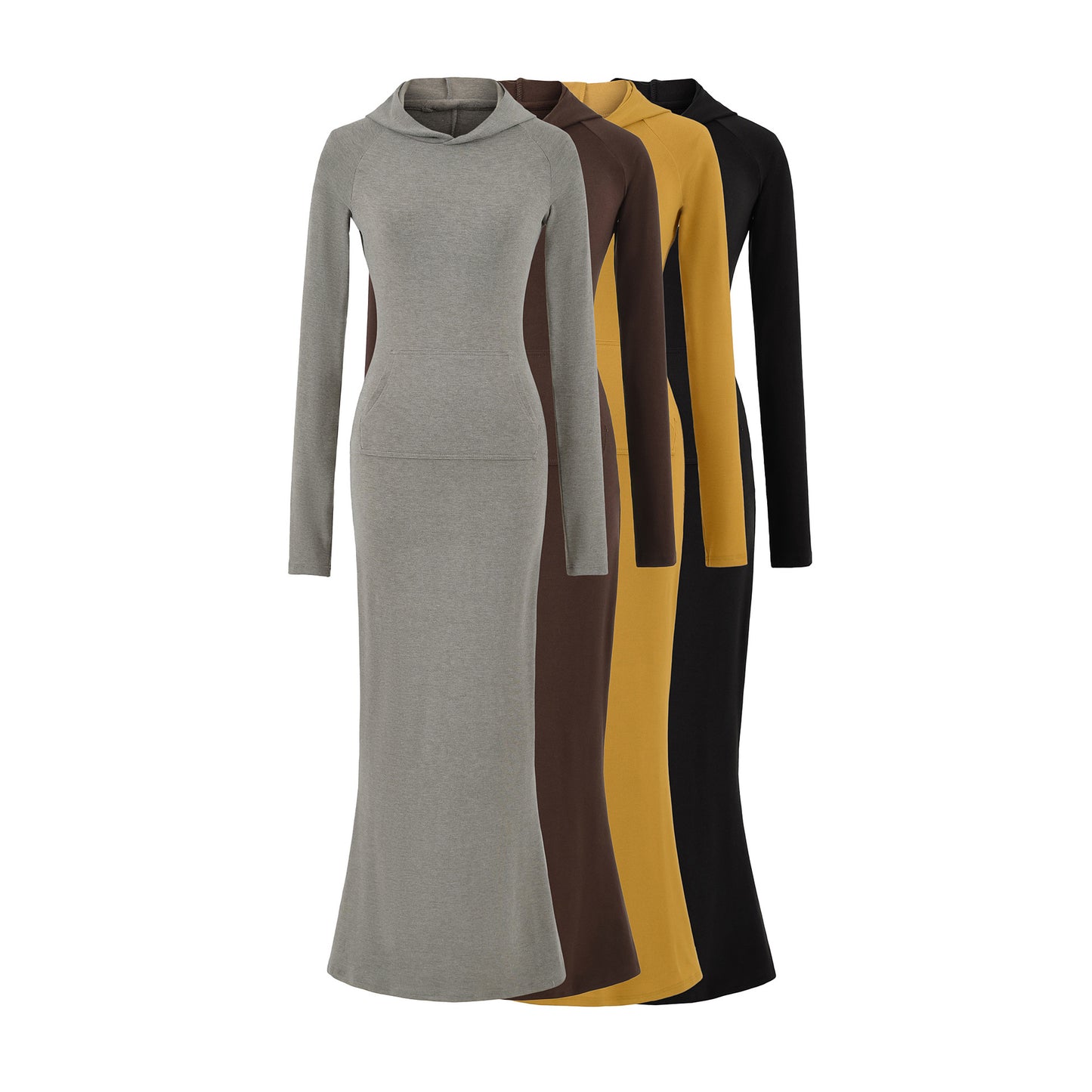 Round neck slim fit figure enhancing hooded long sleeved dress