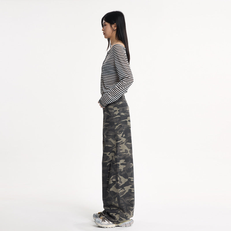 Camouflage Knife-Style Denim Pants for Women Autumn Loose Silhouette Design Spliced Long Pants