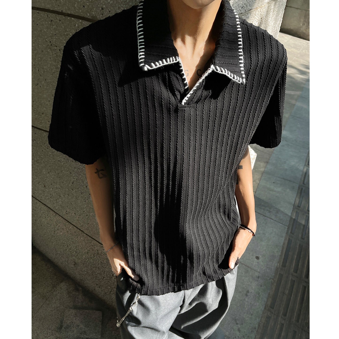 Shirt Men Boxy Flip Collar Short Sleeve T-Shirt