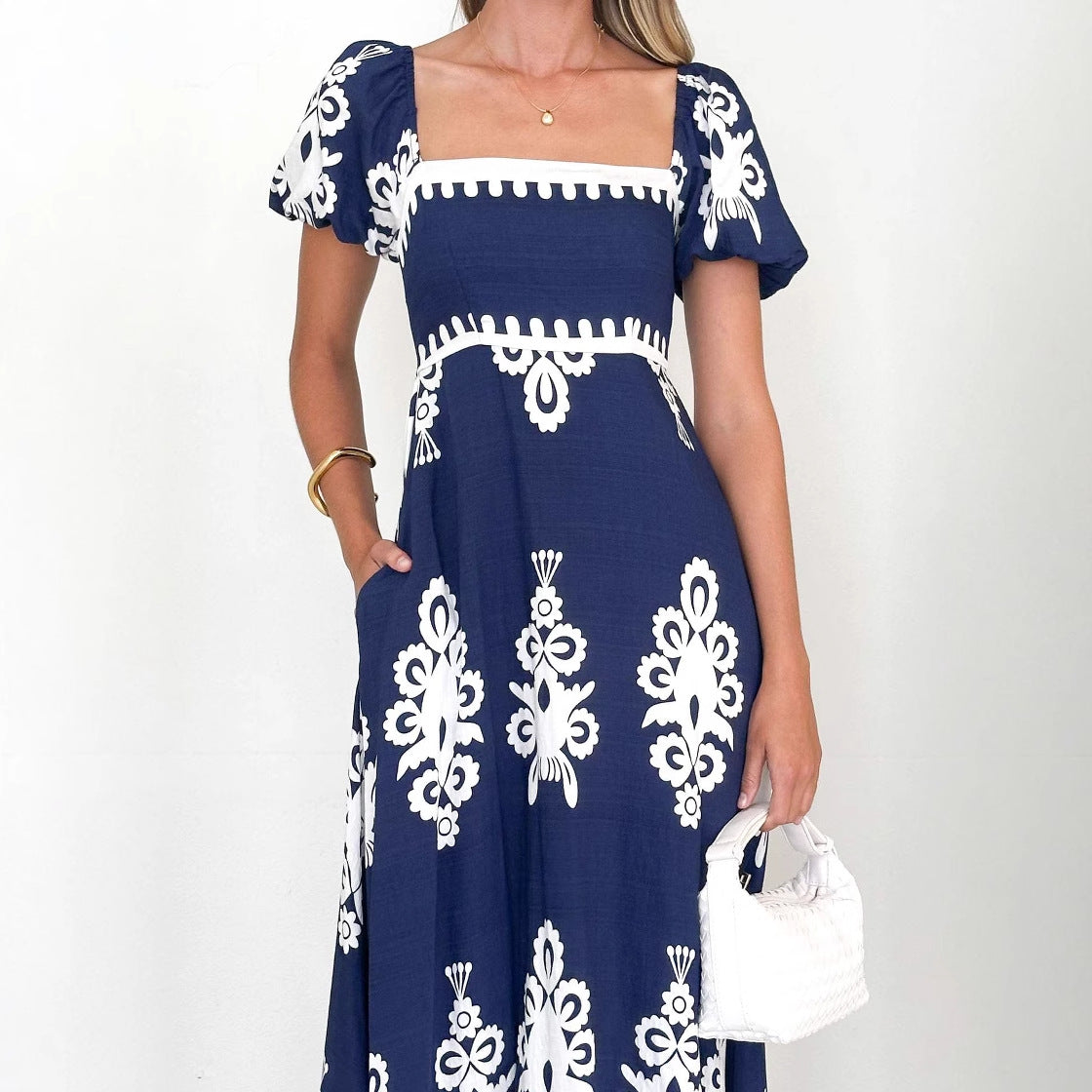 Vacation Print Beach Dress with Tie-Up Detail Women's Dress
