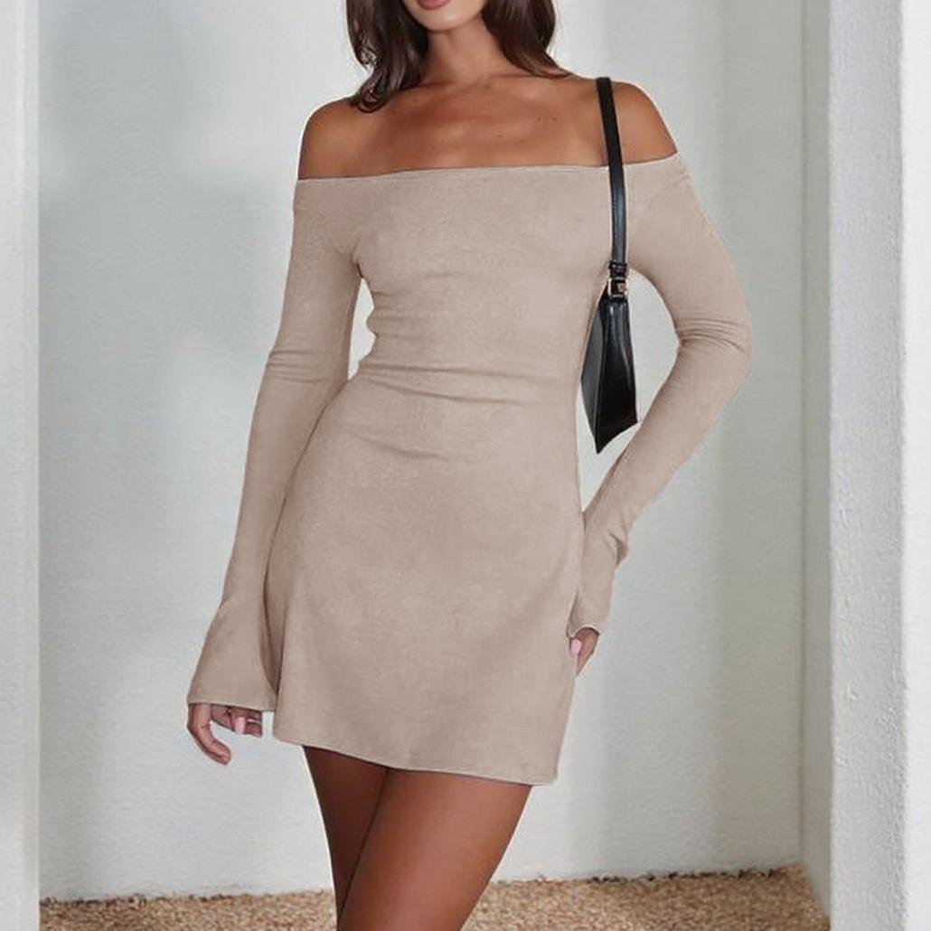 Hip hugging slim fit and slimming one shoulder long sleeved dress for women