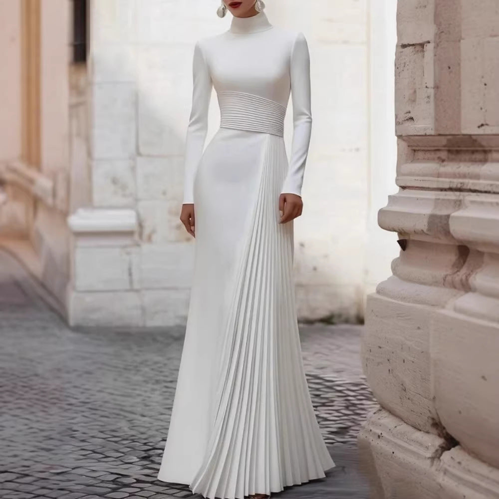 Elegant High Neck Long Sleeve Fitted Wedding Dress with Pleated Design Ruffles and Chic Style Dress