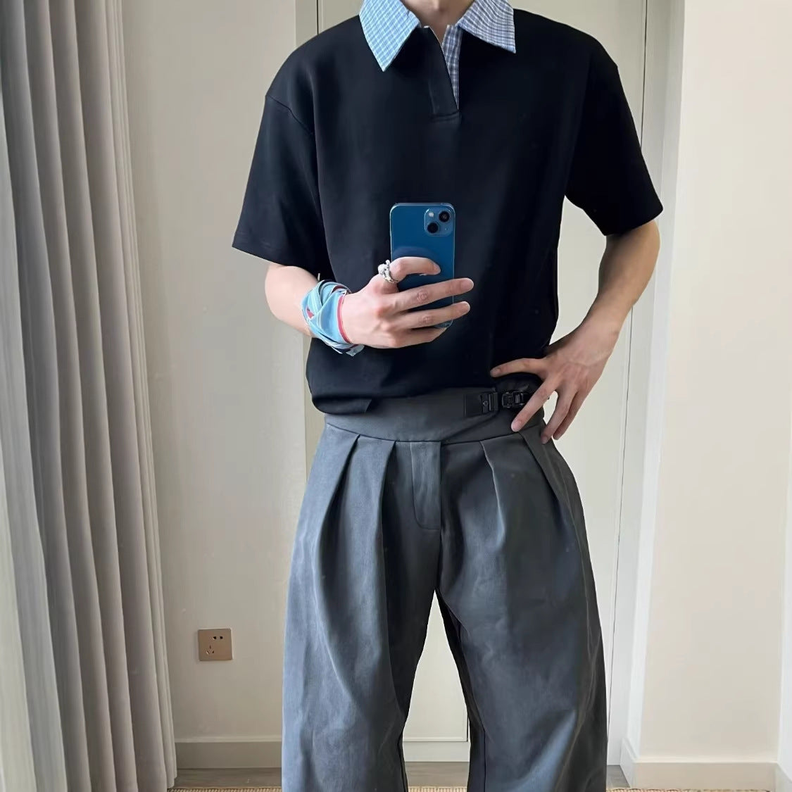 Style Color-block Short Sleeve Polo Shirt for Men
