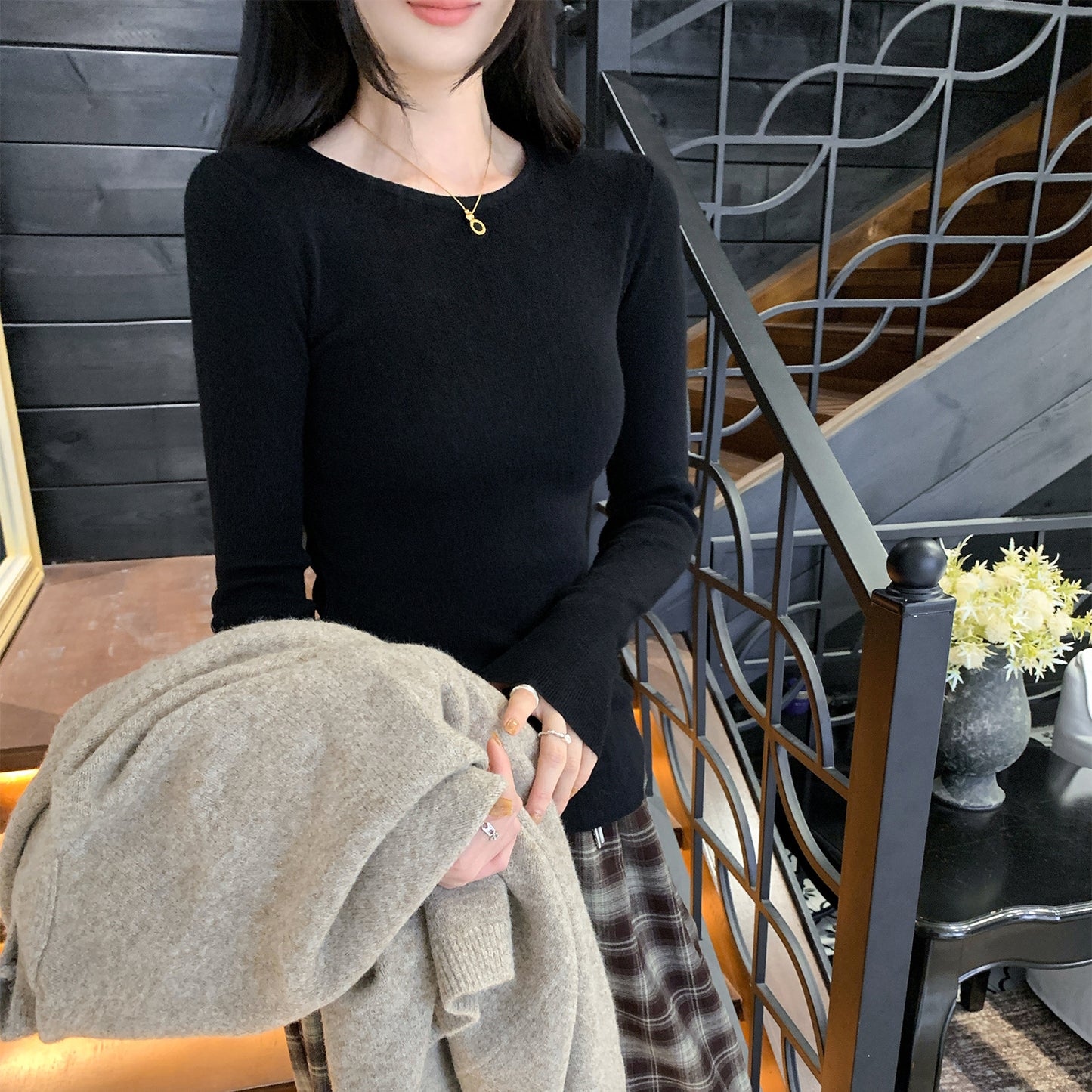 Solid Color Inner Knit Sweater for Women, Elegant Fitted Slim Fit Long Sleeve Wool Top