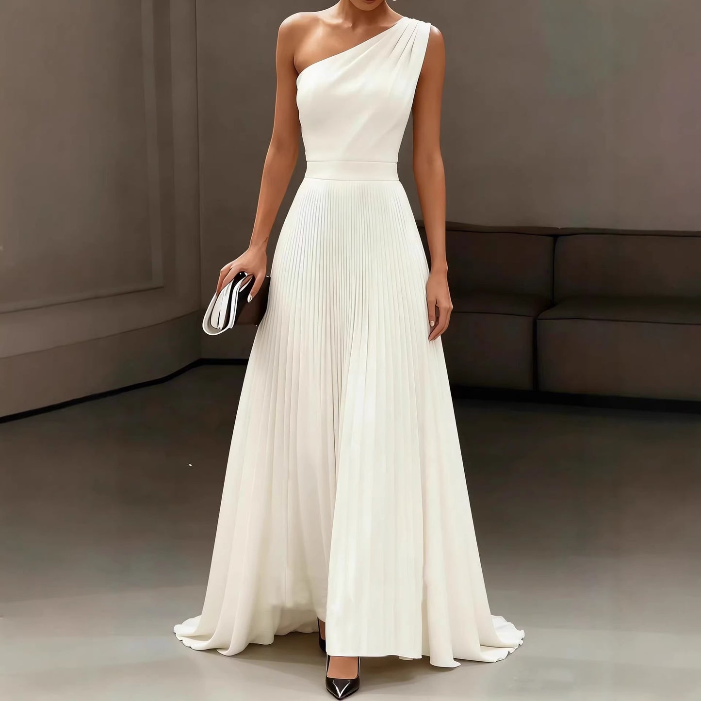 Elegant White One-Shoulder Long Dress with PleatsSummer Wedding Gown, Formal Occasion Dress