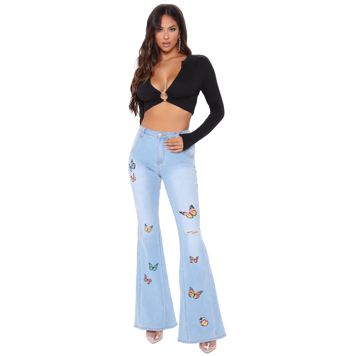 Tailored butterfly wide leg perforated high stretch flared pants