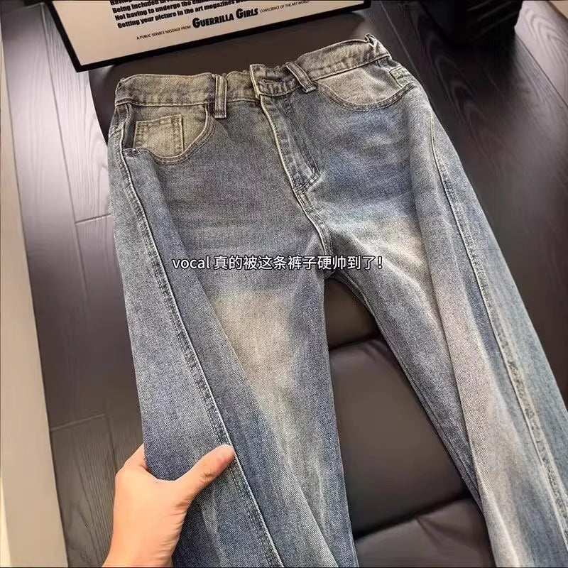 Lightning Pattern Asymmetric Cut Denim Pants