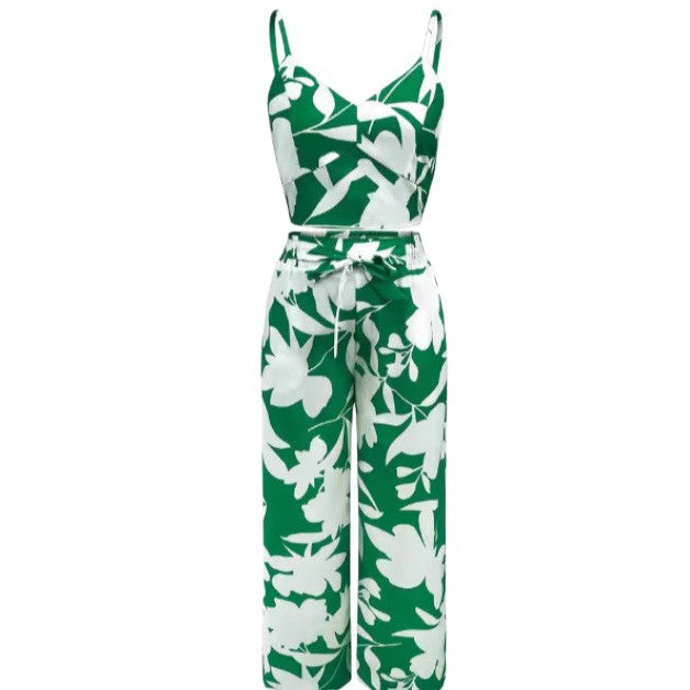 Fashion Print Strap Top High-Waisted Wide-Leg Long Pants Flowy Casual Women's Outfit Set