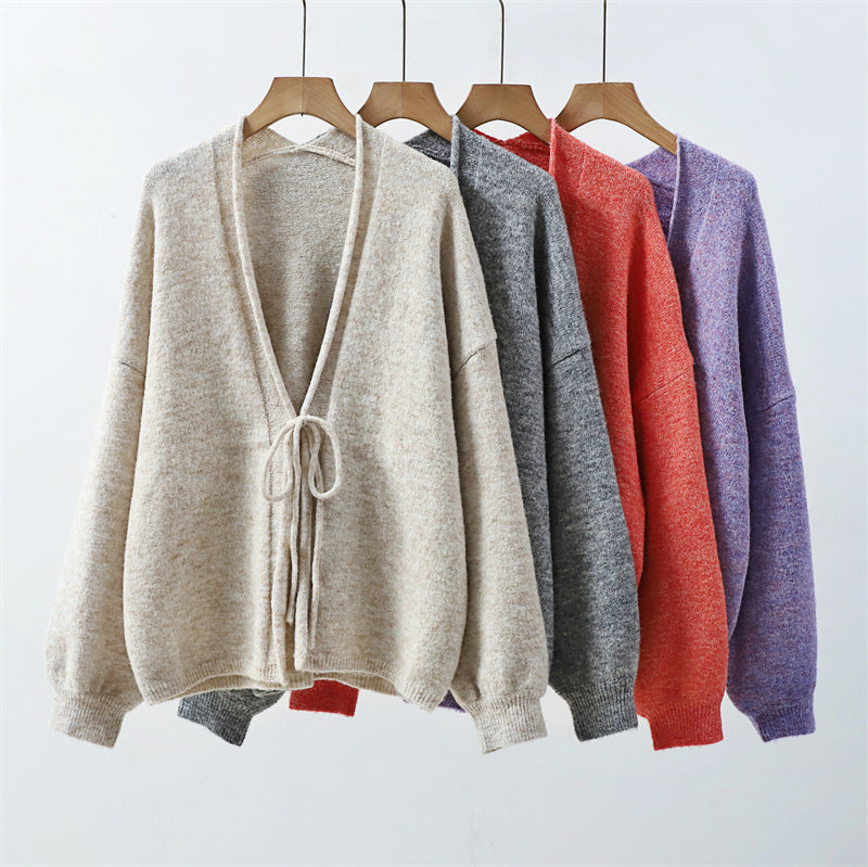 Loose V-neck sweater top with tie up