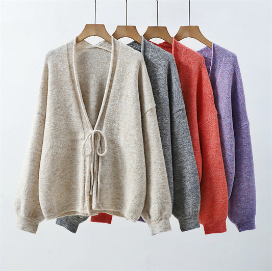 Loose V-neck sweater top with tie up