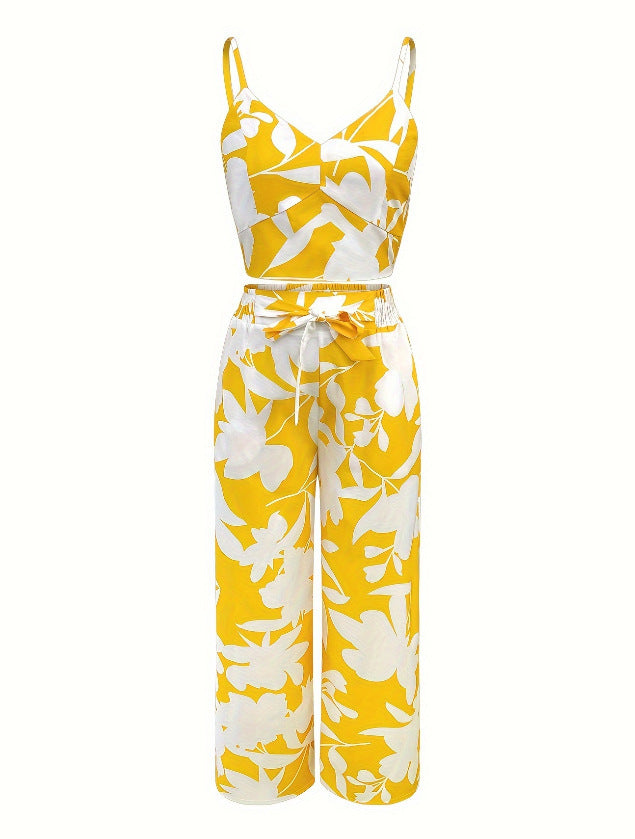 Fashion Print Strap Top High-Waisted Wide-Leg Long Pants Flowy Casual Women's Outfit Set