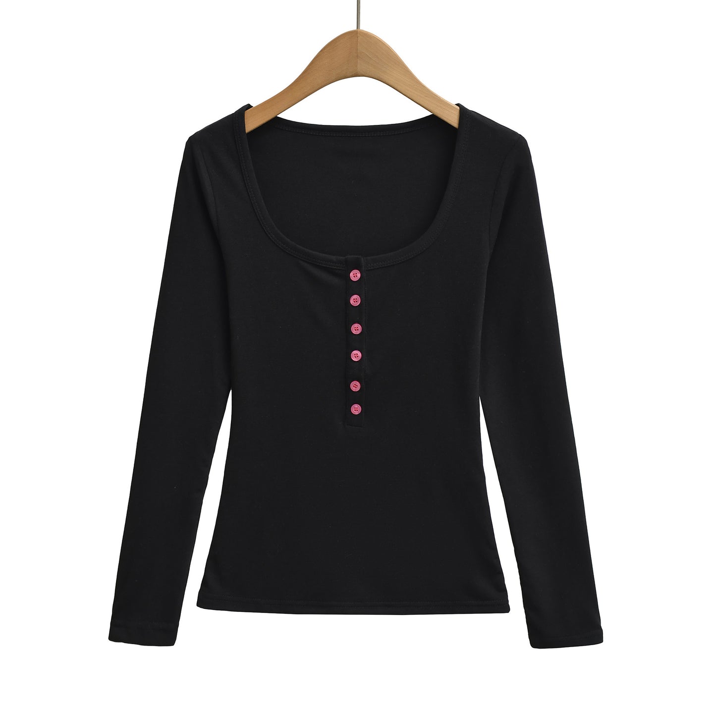 Square collar single breasted long sleeved base top T-shirt