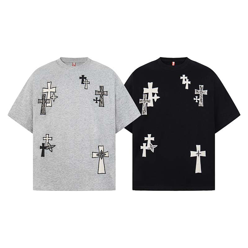 Cross Embroidered Round Neck Short Sleeve T-shirt
