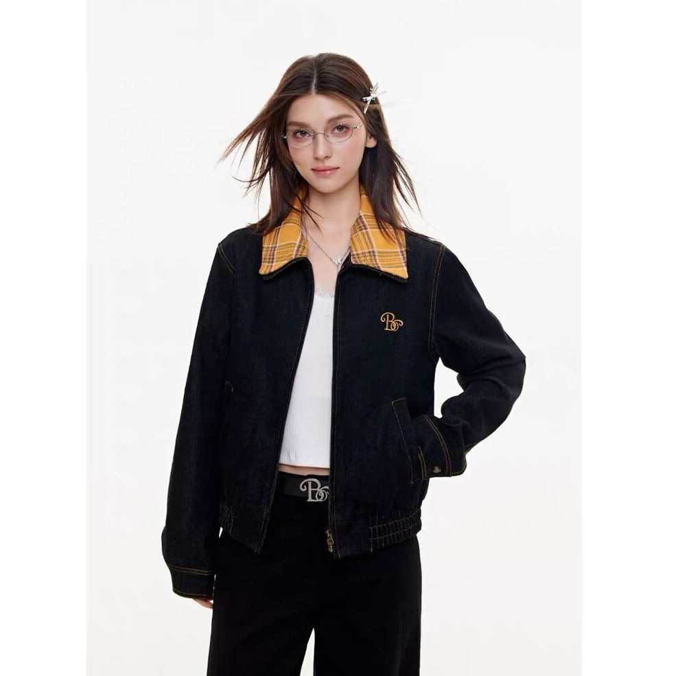 Retro Plaid Patchwork Denim Jacket Unisex Fashion Design High-End Workwear Jacket