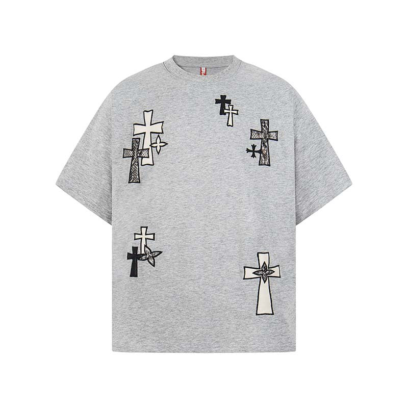 Cross Embroidered Round Neck Short Sleeve T-shirt