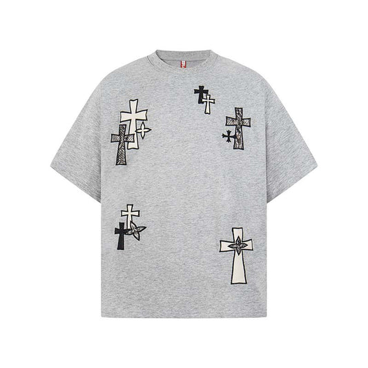 Cross Embroidered Round Neck Short Sleeve T-shirt