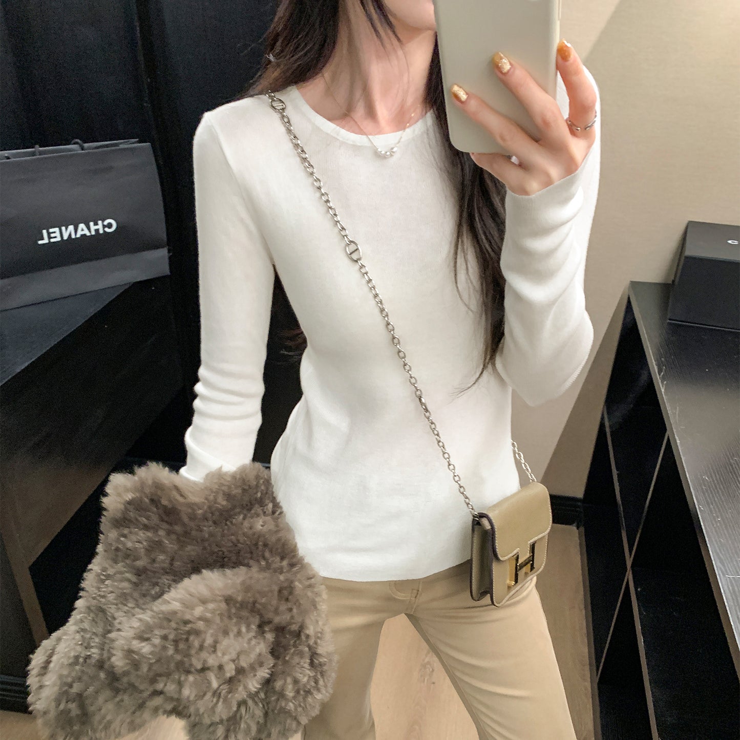 Solid Color Inner Knit Sweater for Women, Elegant Fitted Slim Fit Long Sleeve Wool Top
