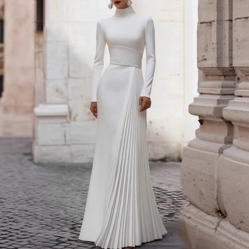 Elegant High Neck Long Sleeve Fitted Wedding Dress with Pleated Design Ruffles and Chic Style Dress