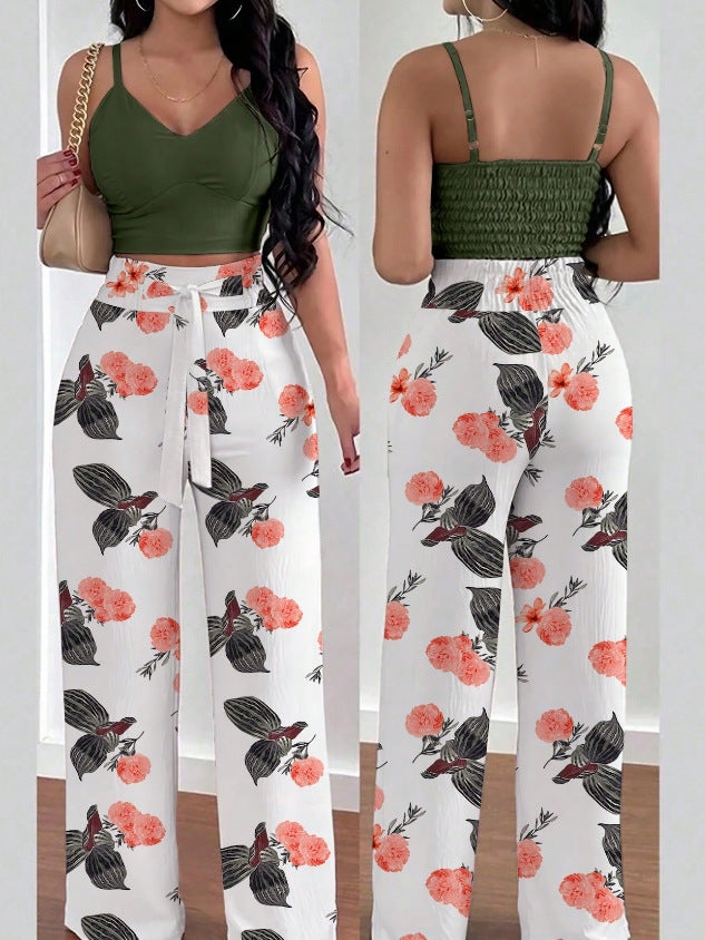 Fashion Print Strap Top High-Waisted Wide-Leg Long Pants Flowy Casual Women's Outfit Set