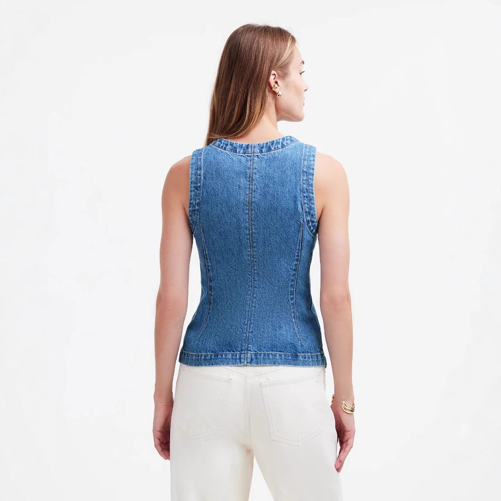 Sleeveless Fitted Slimming Denim Vest Women's Round Neck Waistcoat