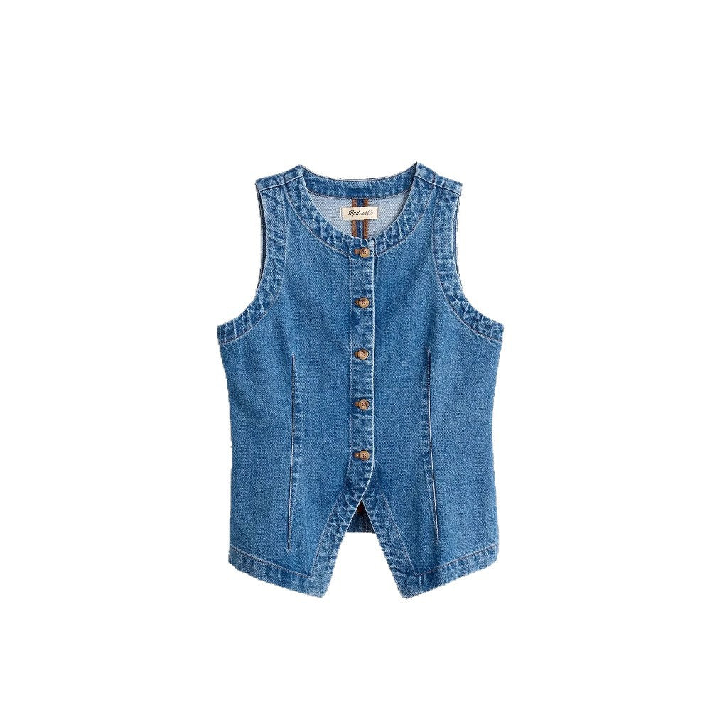 Sleeveless Fitted Slimming Denim Vest Women's Round Neck Waistcoat