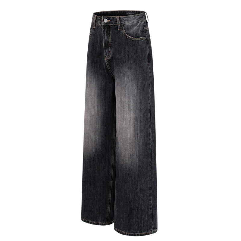 Vintage Washed Gradient Denim Pants Men's Design Street Style Couple Loose Versatile Straight Leg Casual Wide Leg Pants