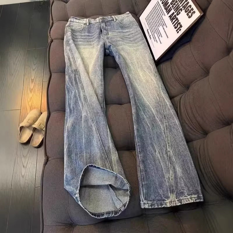 Lightning Pattern Asymmetric Cut Denim Pants